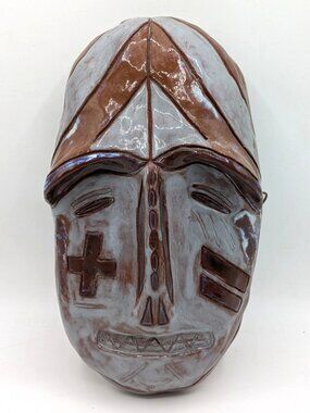 Hand Crafted Red Clay Mask Wall Hanging Tribal Folk Art Gray Brown Glaze 10"